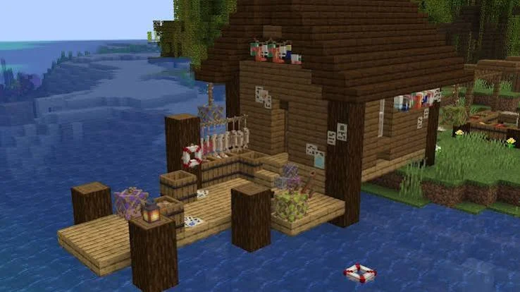 Wooden Minecraft waterfront cabin with a decorated dock for Decocraft mod cabin ideas