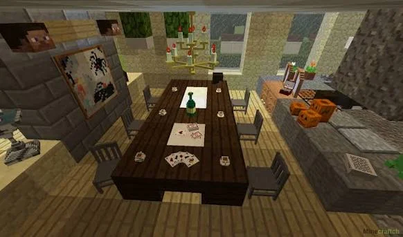 Minecraft dining room with a long table and chandelier for Decocraft mod dining ideas