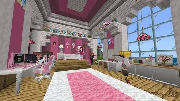 Pink Minecraft bedroom with desks and hanging lamps for Decocraft mod kids room ideas