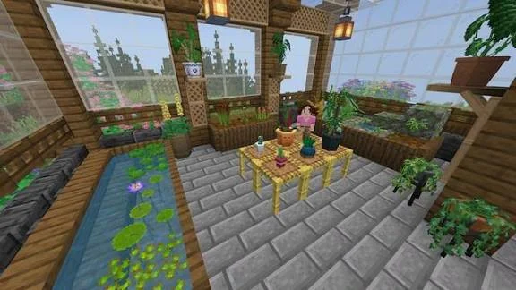 Minecraft sunroom with hanging lanterns and large windows for Decocraft mod lighting ideas