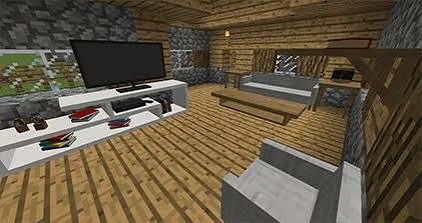 Minecraft living room with a television, sofa and wood furniture for Decocraft mod decorating ideas