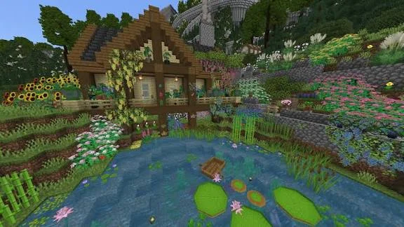 Minecraft garden cottage beside a flower-lined pond for Decocraft mod patio ideas