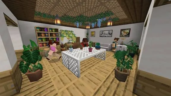 Minecraft sitting room with bookshelves and plants for Decocraft mod reading nook ideas