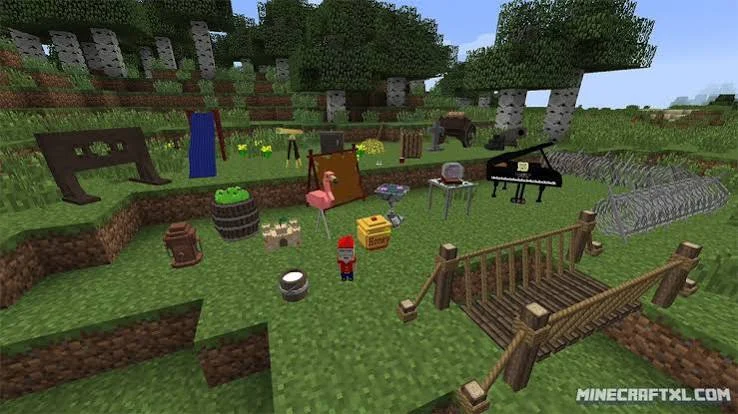 Minecraft decorative props and outdoor storage for Decocraft mod workshop ideas
